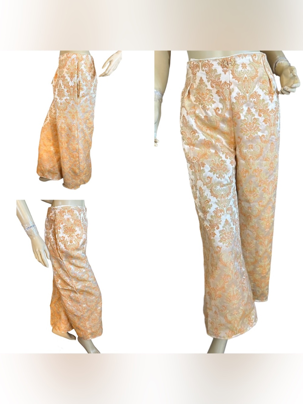 HANDMADE UPCYCLED WIDE LEG PANTS & CROP TOP CREAM & ORANGE SET (XL) - Picture 6 of 12
